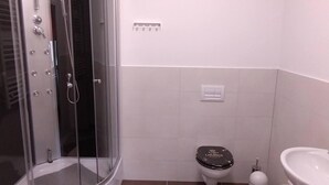 A modern bathroom with a glass-enclosed shower, a toilet, a sink, and a trash bin. - Modern apartment Peter in Bärenstein for 2 persons (Bärenstein)