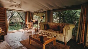 Um quarto com tenda, sofá de couro, escrivaninha de madeira e janelas amplas.
