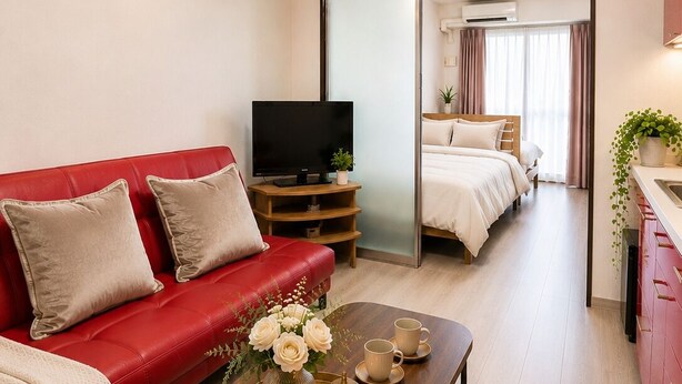 A modern hotel room with a red sofa, a wooden coffee table with decorative items, a TV, a bed, and a bathroom visible through an open door. - DOUTONBORI Sleeps up to 5 w 2 beds 1 sofa bed Convenient land (大阪市)
