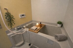 Hair dryer, bidet, towels, soap