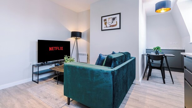 A modern living room with a TV displaying 'NETFLIX', a green sofa, a black floor lamp, and a small table with a plant. - Elysée Suites - Chic 1 Bed Flat in Southport (Southport)