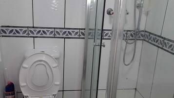 Shower, towels, toilet paper