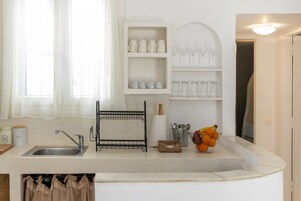 Una cocina con un lavamanos, una estantería para vinos y un frutero.