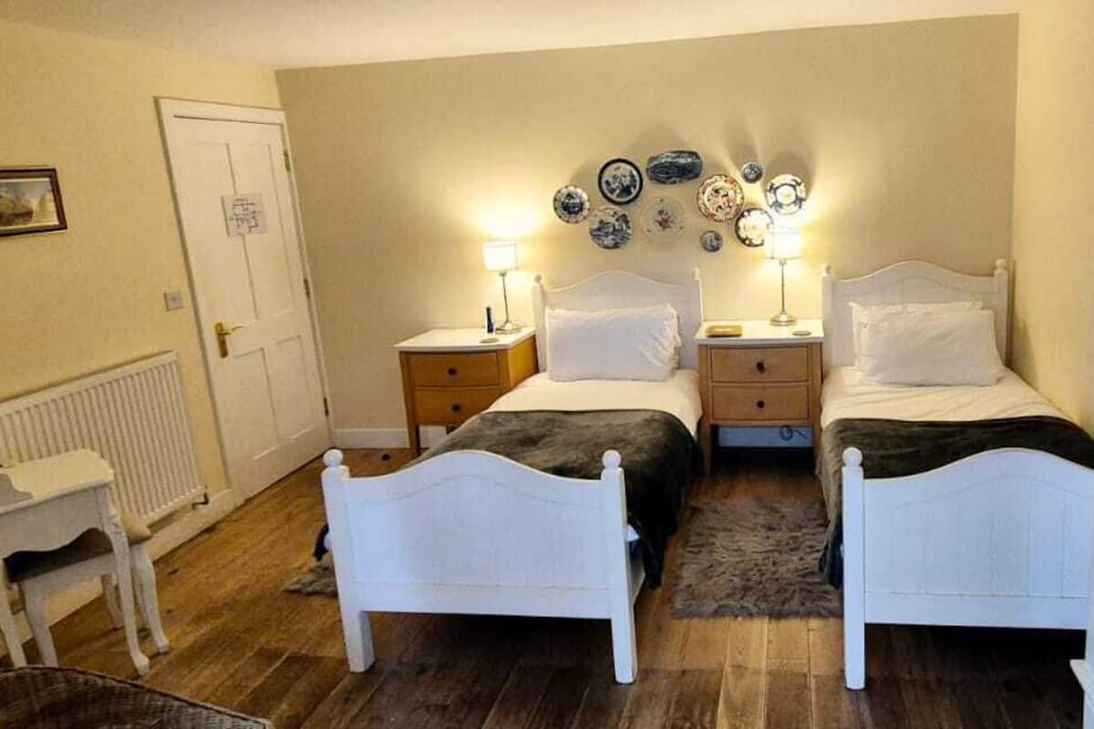 A bedroom with two single beds, a small bedside table with a lamp, a radiator, and a picture on the wall.