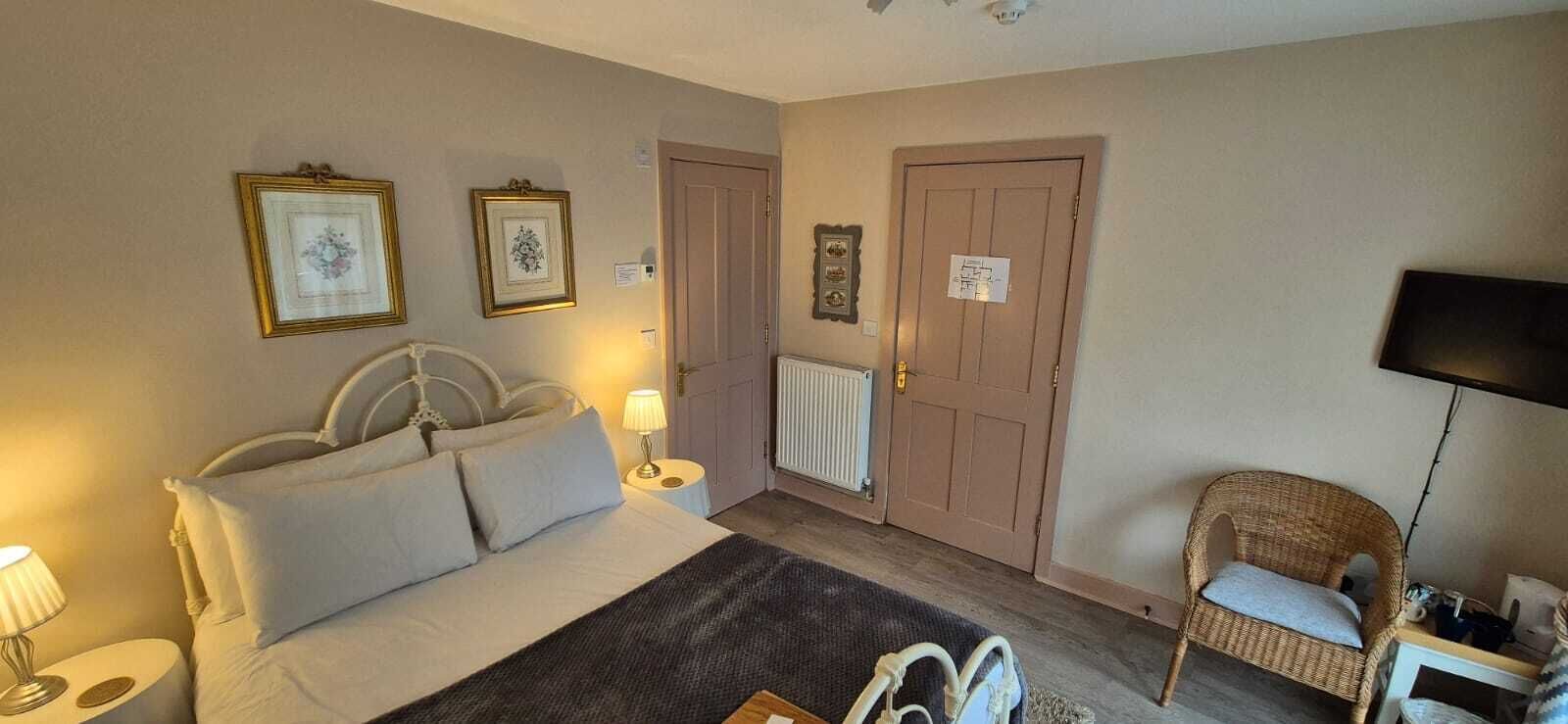 A bedroom with a bed, two framed pictures, a radiator, a door, a chair, and a television.