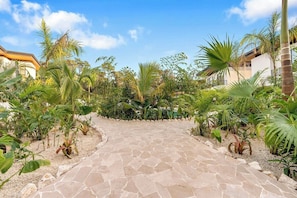 A paved pathway leading through a tropical garden with various plants and a building in the background. - Villa Tropical Dawn (Bosques de Pinilla 10, Hacienda Pinilla)
