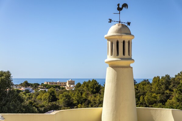 A weather vane atop a building with a view of the sea and surrounding greenery.