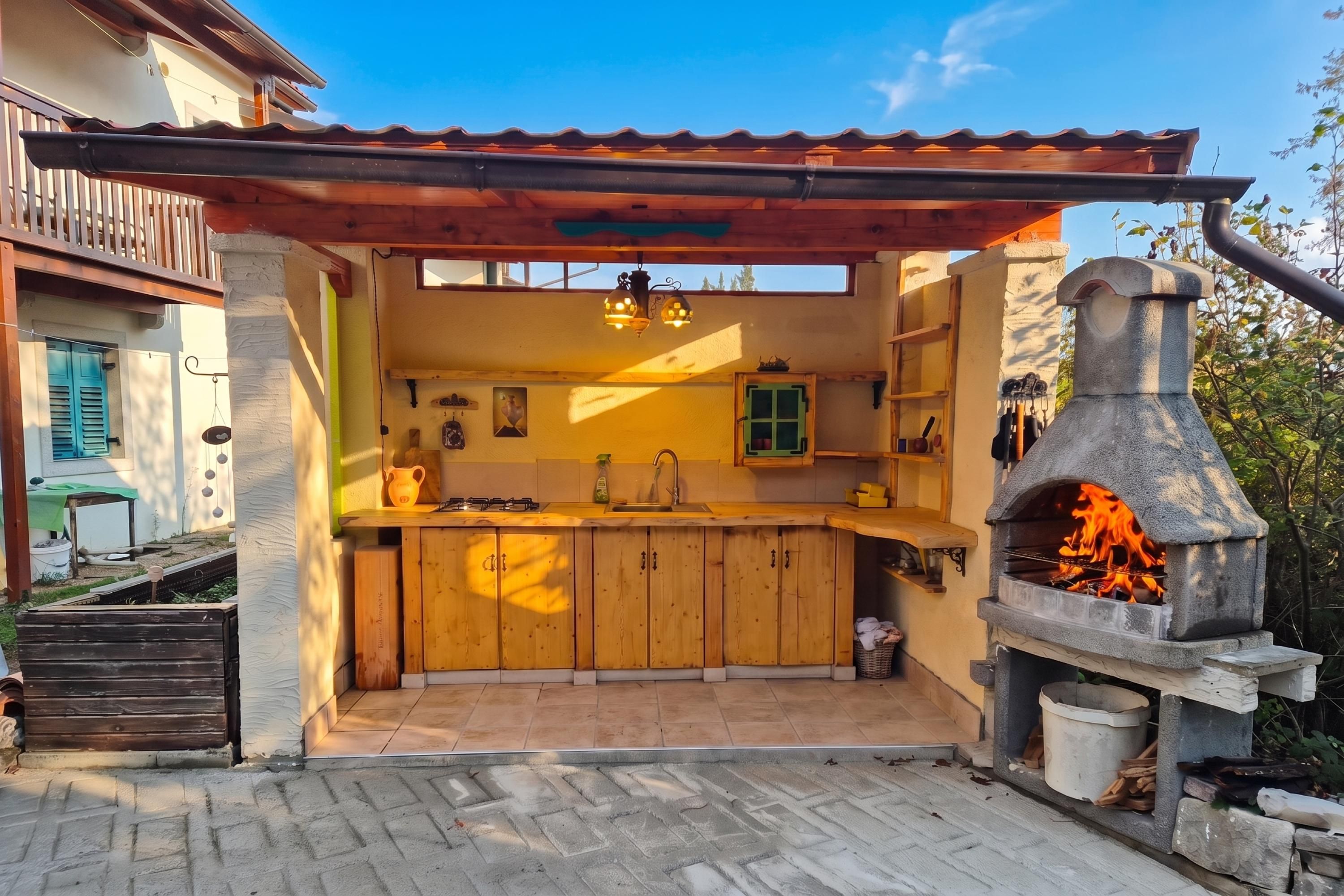 Uma cozinha externa com forno de pedra, armários de madeira e uma pérgula.