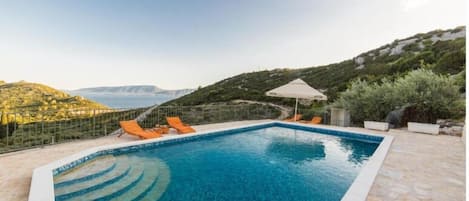 Seasonal outdoor pool, pool umbrellas, pool loungers