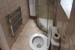 Regadera, toallas, papel de baño 