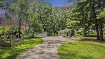 A residential area with a paved driveway leading to a row of houses, surrounded by lush greenery and trees.
