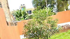 A small tree in a grassy area with a metal railing in the foreground. - Napper's Secret Peaceful Place (Kampala)