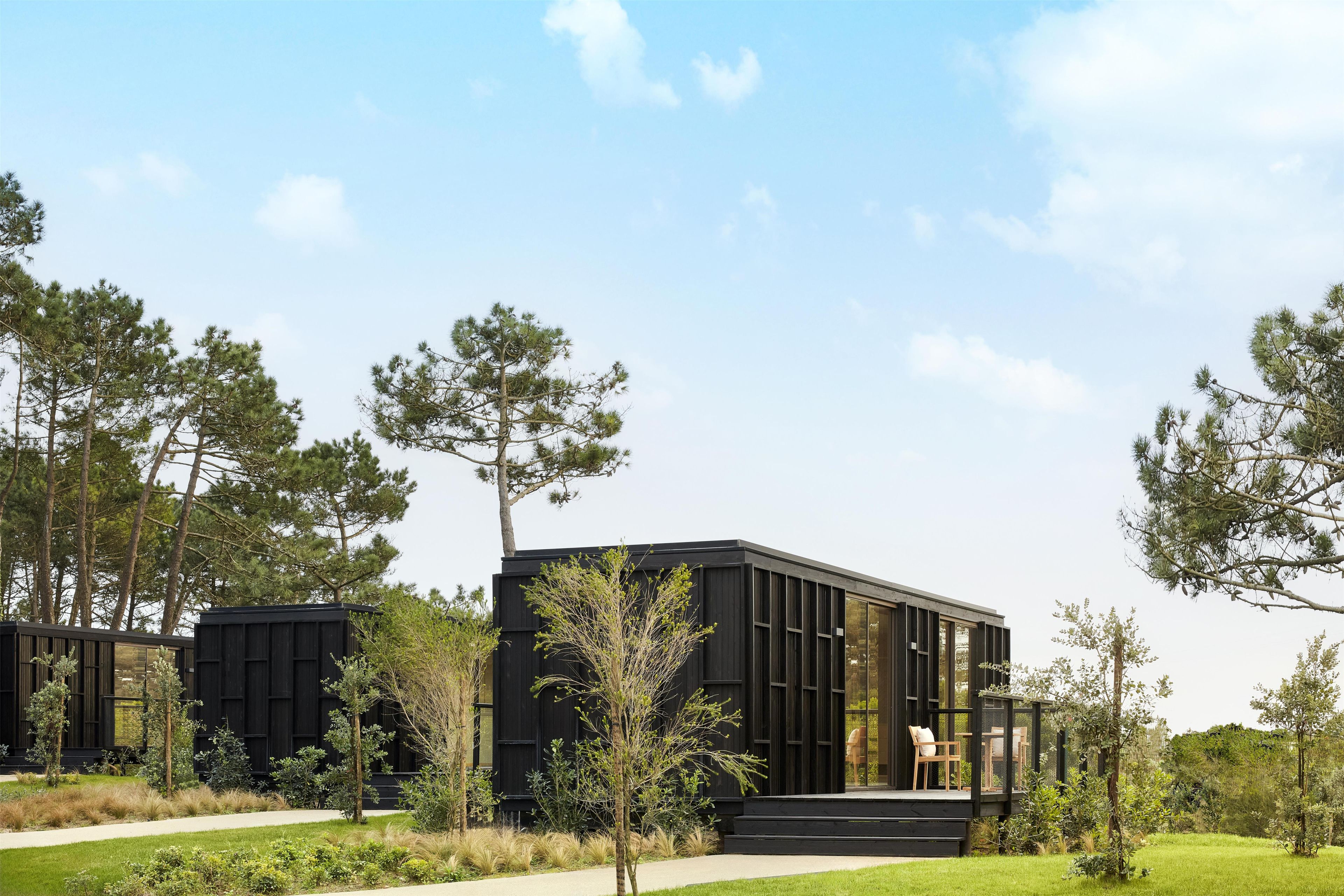 Un bâtiment moderne doté d’un toit plat, de grandes fenêtres et d’un jardin paysager qui l’entoure.