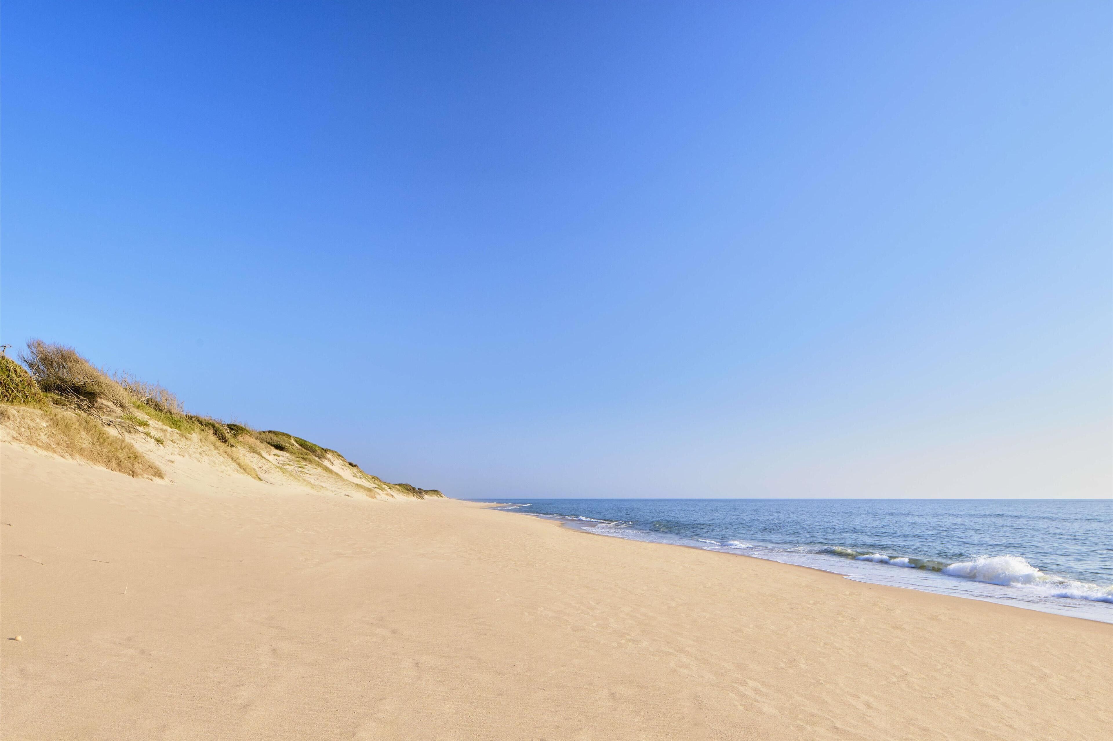 Uma praia com céu limpo e ondas suaves.