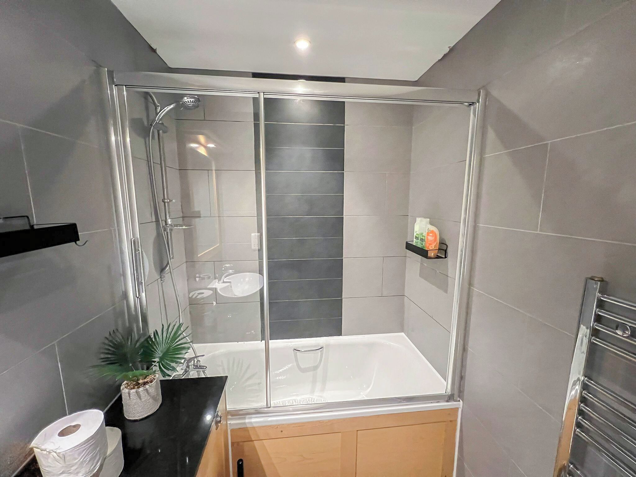 Hair dryer, towels, soap, shampoo