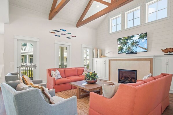Smart TV, fireplace, DVD player, books
