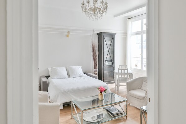 1 bedroom, desk, iron/ironing board, travel crib