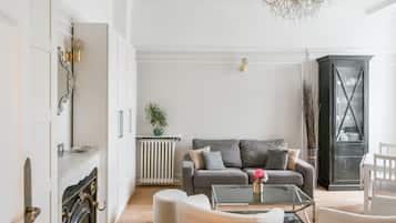 TV connectée, cheminée, livres