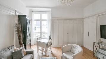 TV connectée, cheminée, livres