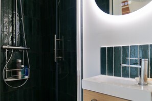 Shower, hair dryer, towels