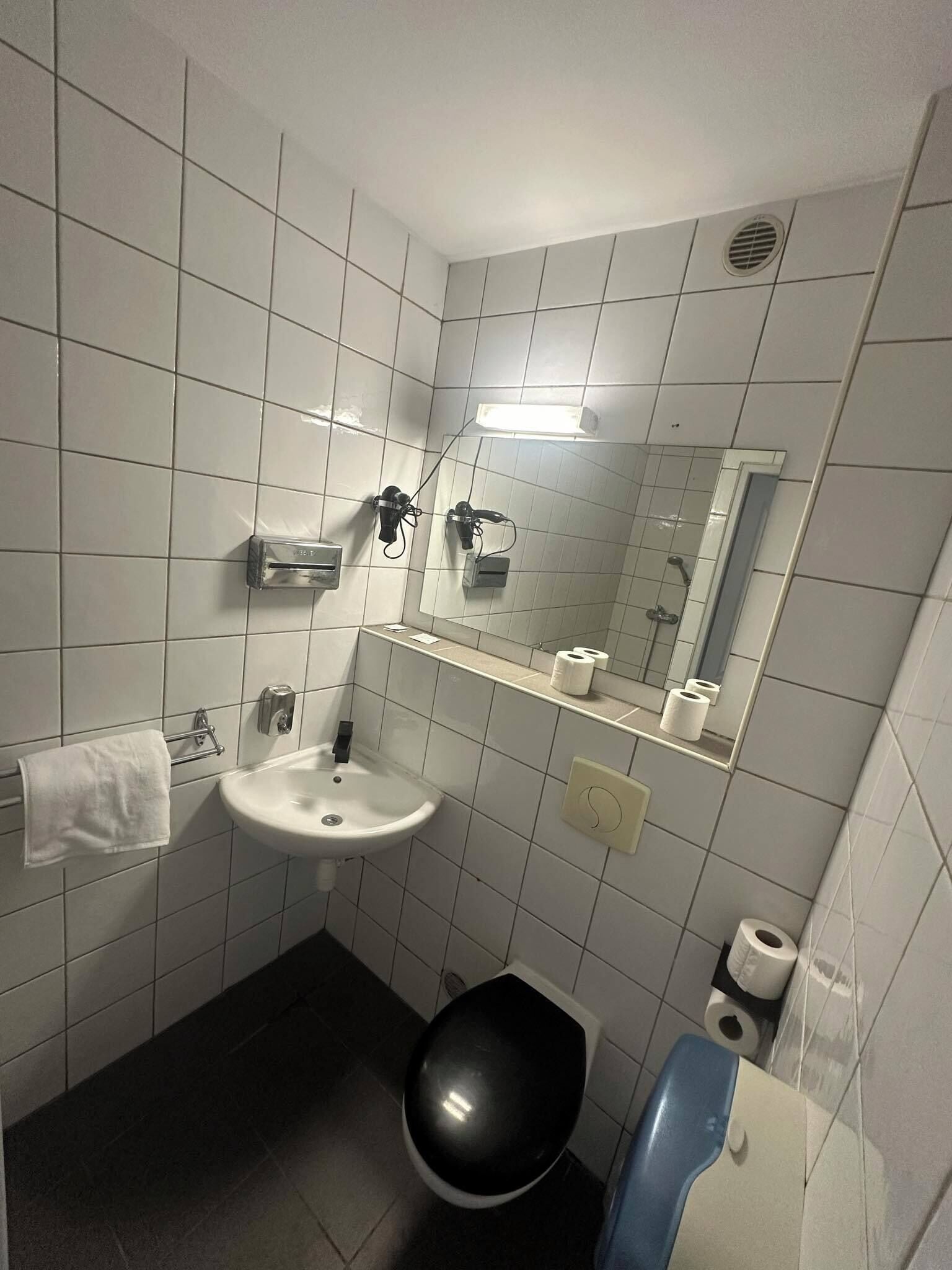Shower, hair dryer, soap, shampoo