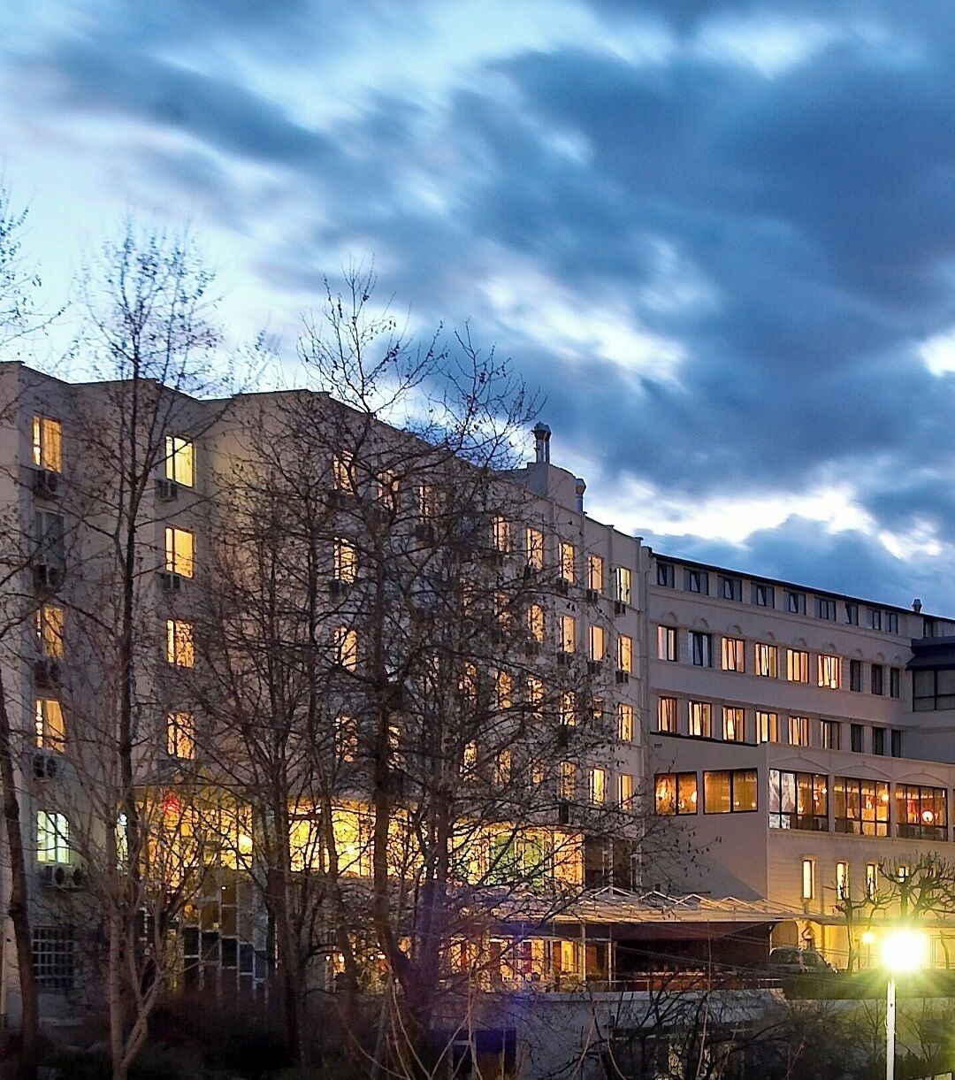 Um hotel com vários andares, janelas iluminadas, cercado por árvores secas e um céu nublado.
