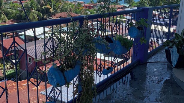 Un balcón con vista al mar, palmeras y edificios.