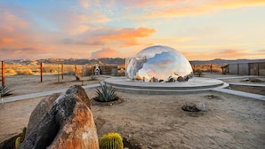 A desert landscape with a large geodesic dome structure, surrounded by cacti and rocks. - Quail Wash Retreat: Star Dome, Sauna, Plunge, Spa (Joshua Tree)