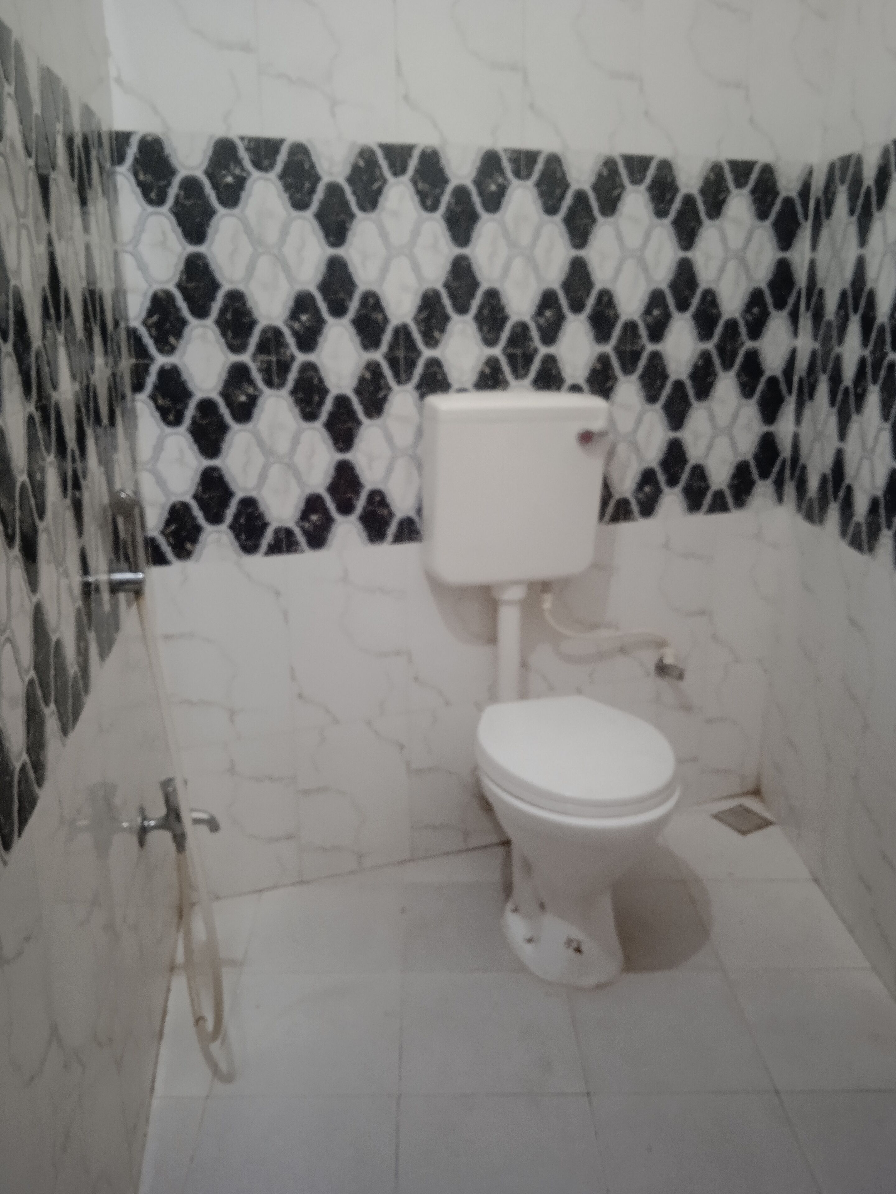 A bathroom with a toilet, a shower, and a tiled wall with a black and white pattern.