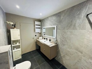 Eco-friendly toiletries, hair dryer, towels