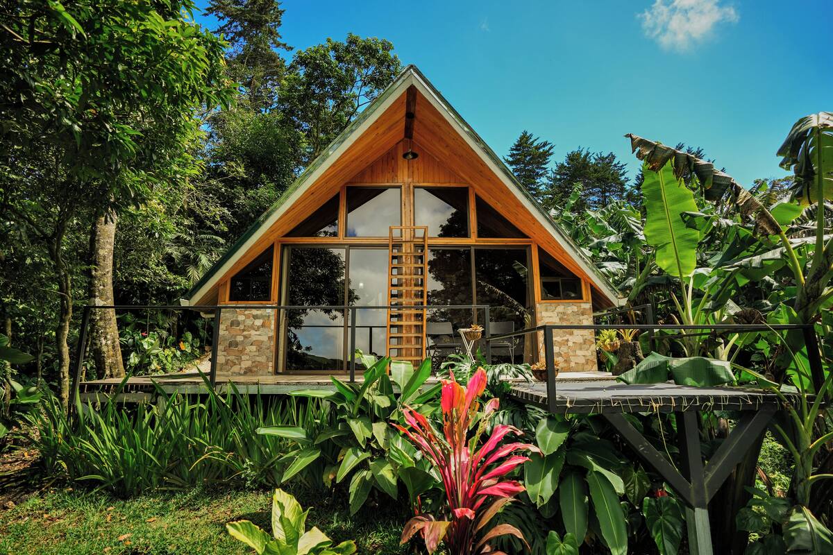 A wooden cabin with large windows and a balcony, surrounded by lush greenery.