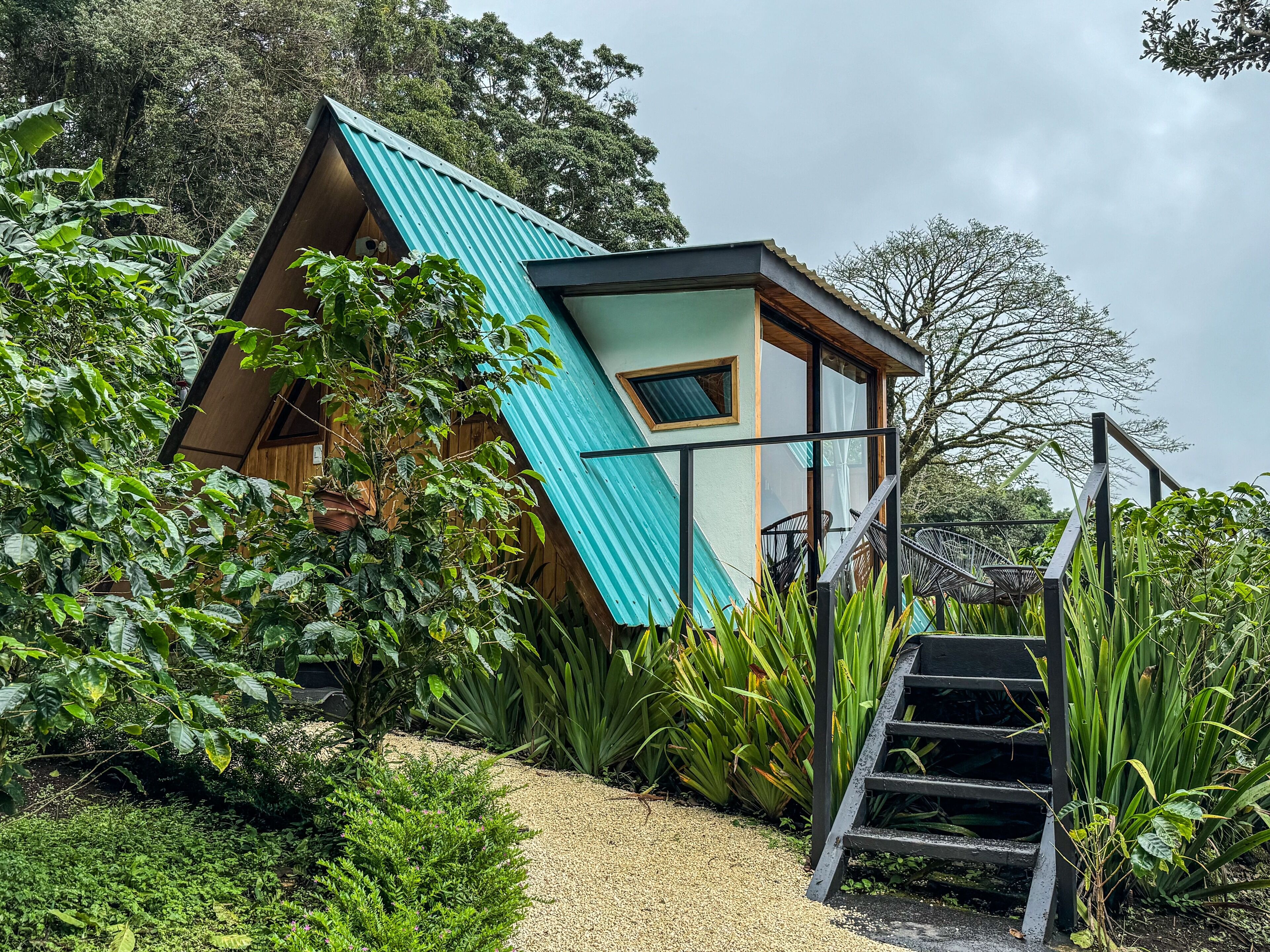 A house with a sloped roof, surrounded by lush greenery and a gravel path leading to a wooden staircase.