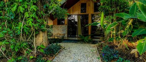 A wooden cabin with a gravel path leading to a glass door, surrounded by lush greenery and plants.