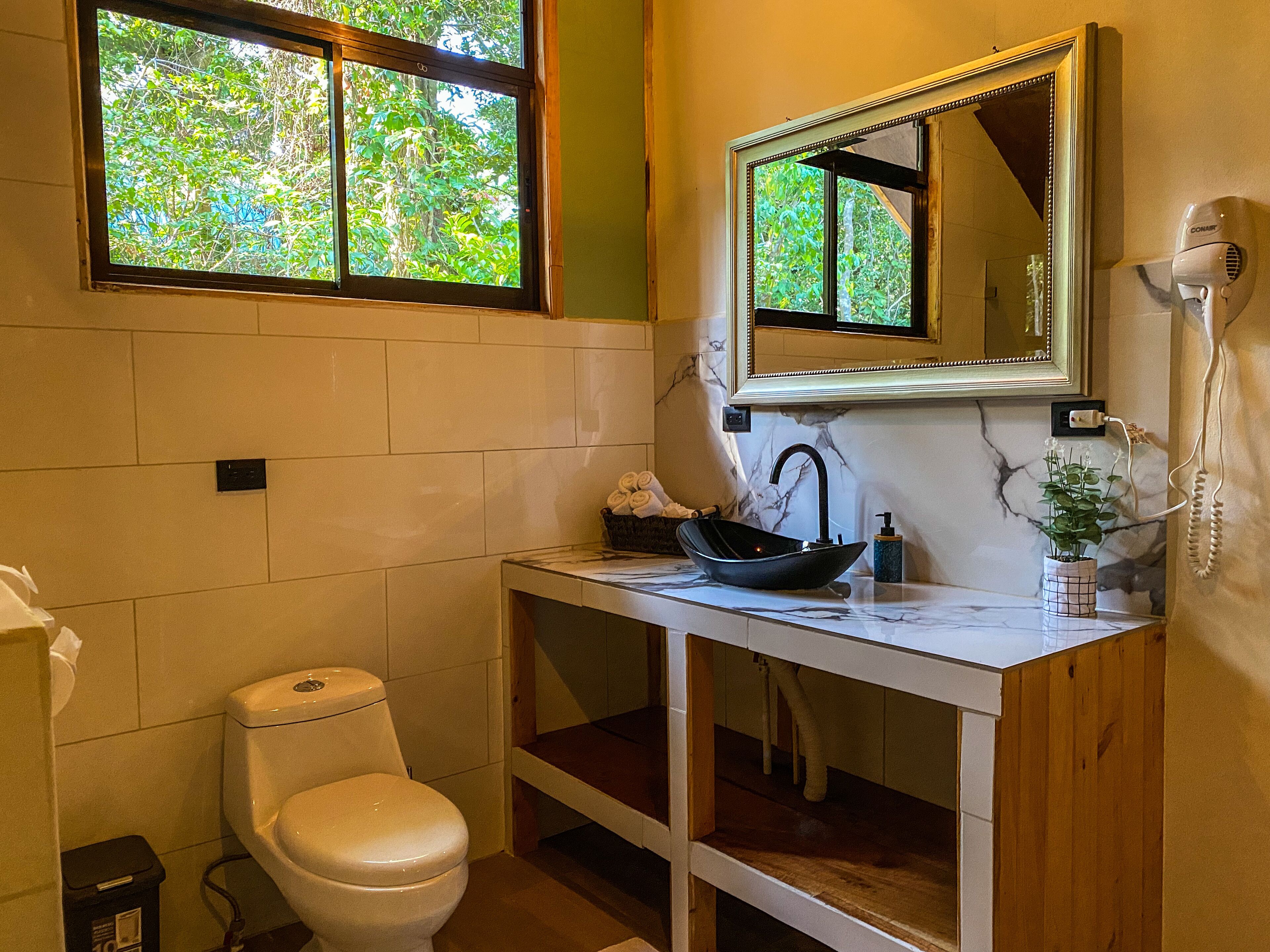 A bathroom with a toilet, sink, and window.