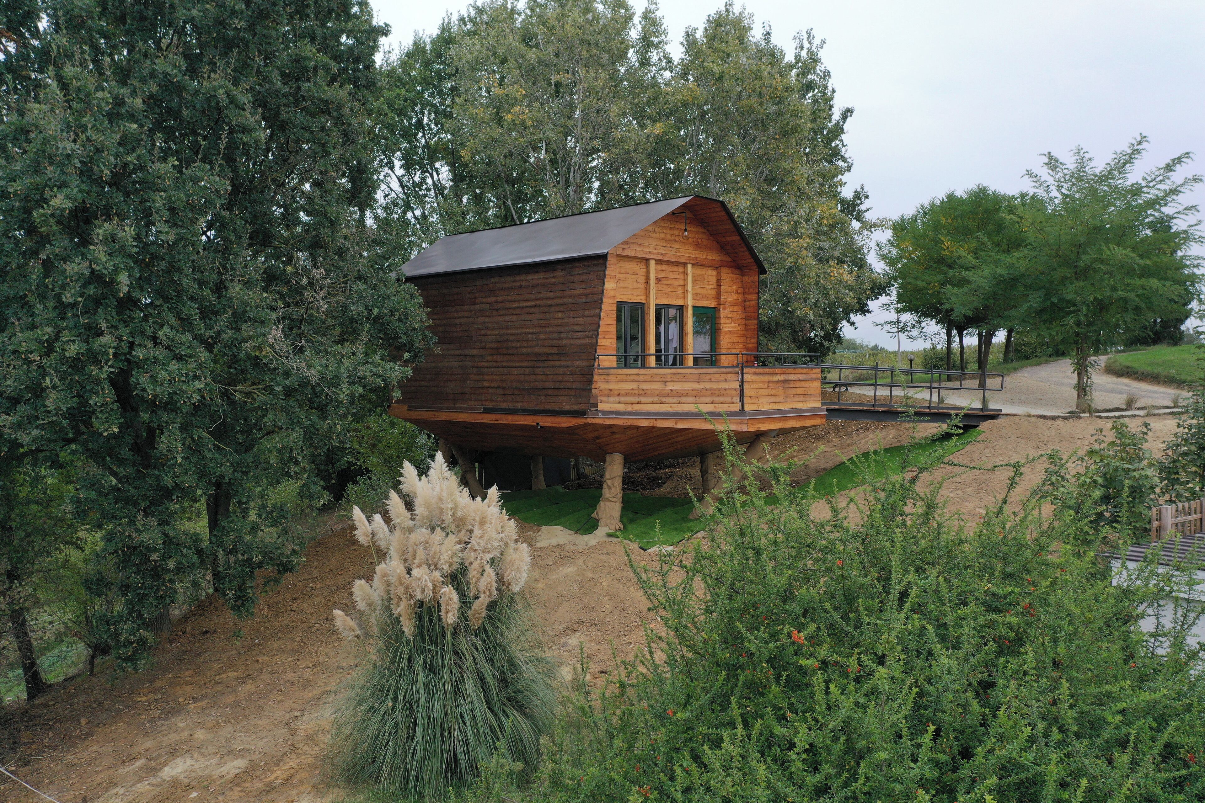 Eine Holzhütte mit Balkon, umgeben von Bäumen und einem Feldweg.