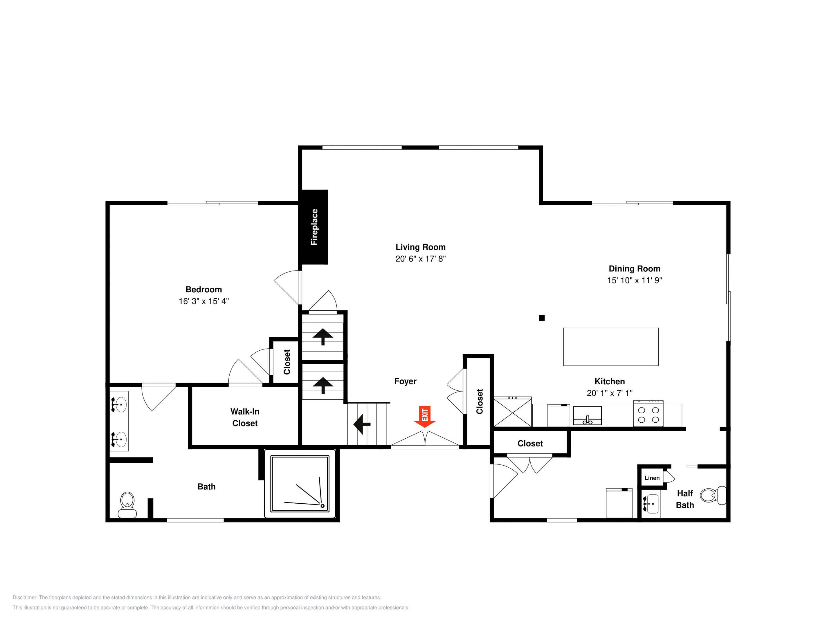 A floor plan of a hotel room with a bedroom, living room, dining room, kitchen, walk-in closet, and bathroom.
