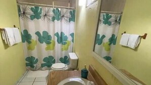 A small bathroom with a toilet, a sink, and a shower curtain with a floral pattern.