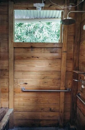 Shower, towels, soap, shampoo