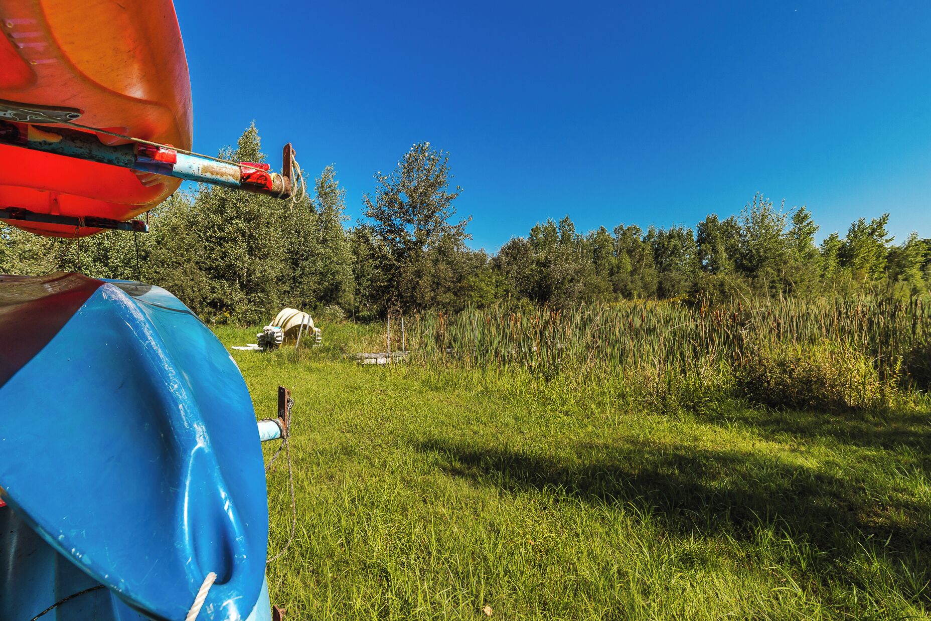A blue vehicle parked in a grassy field with trees in the background.