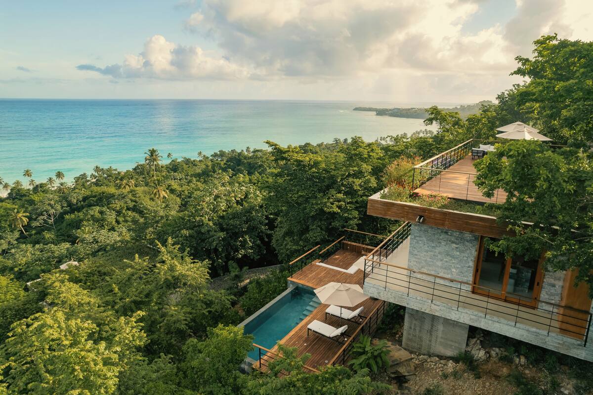 A modern house with a pool, overlooking a lush forest and the ocean.