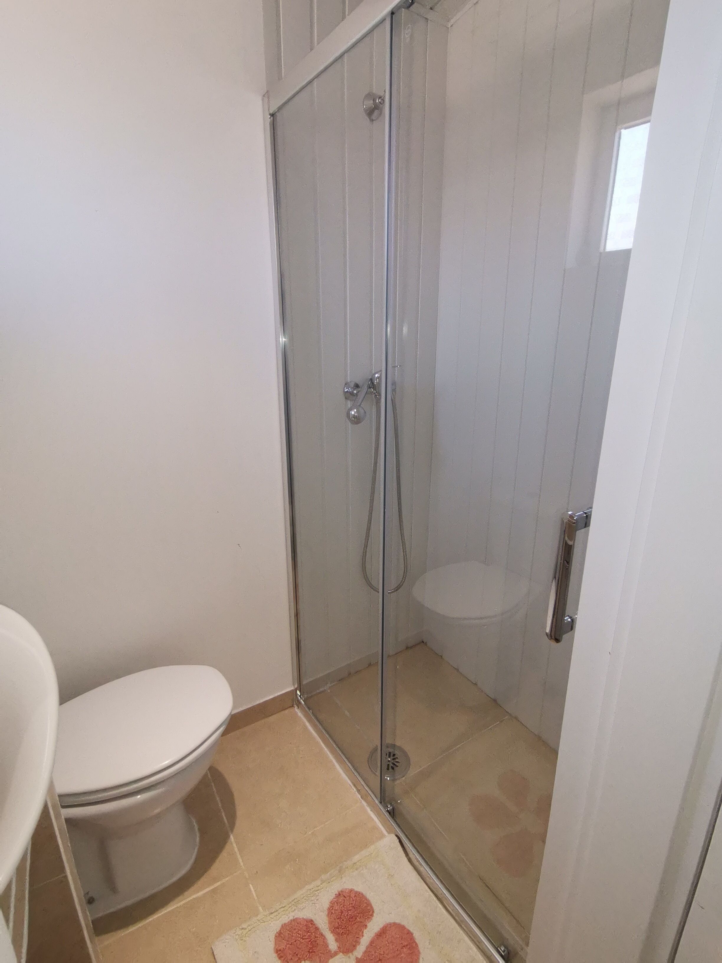 Shower, hair dryer, towels, toilet paper
