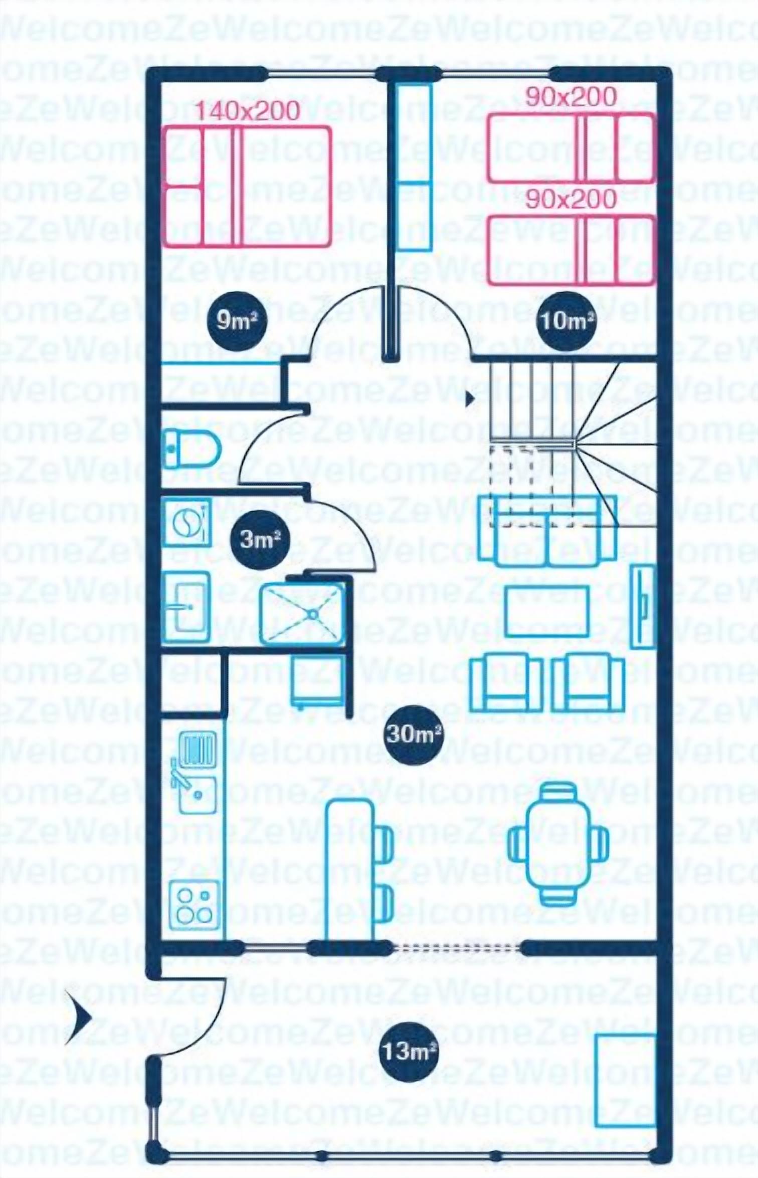 Ein Hotelgrundriss mit Zimmern in den Größen 140x200 und 90x200, einem Badezimmer von 9 Quadratmetern, einem weiteren Badezimmer von 3 Quadratmetern, einer Essecke von 30 Quadratmetern und einem Wohnbereich von 13 Quadratmetern.