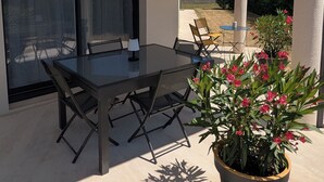 Un patio al aire libre con una mesa y sillas de vidrio, una planta en maceta y vistas del paisaje circundante.