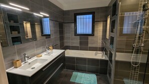 Hair dryer, soap, toilet paper