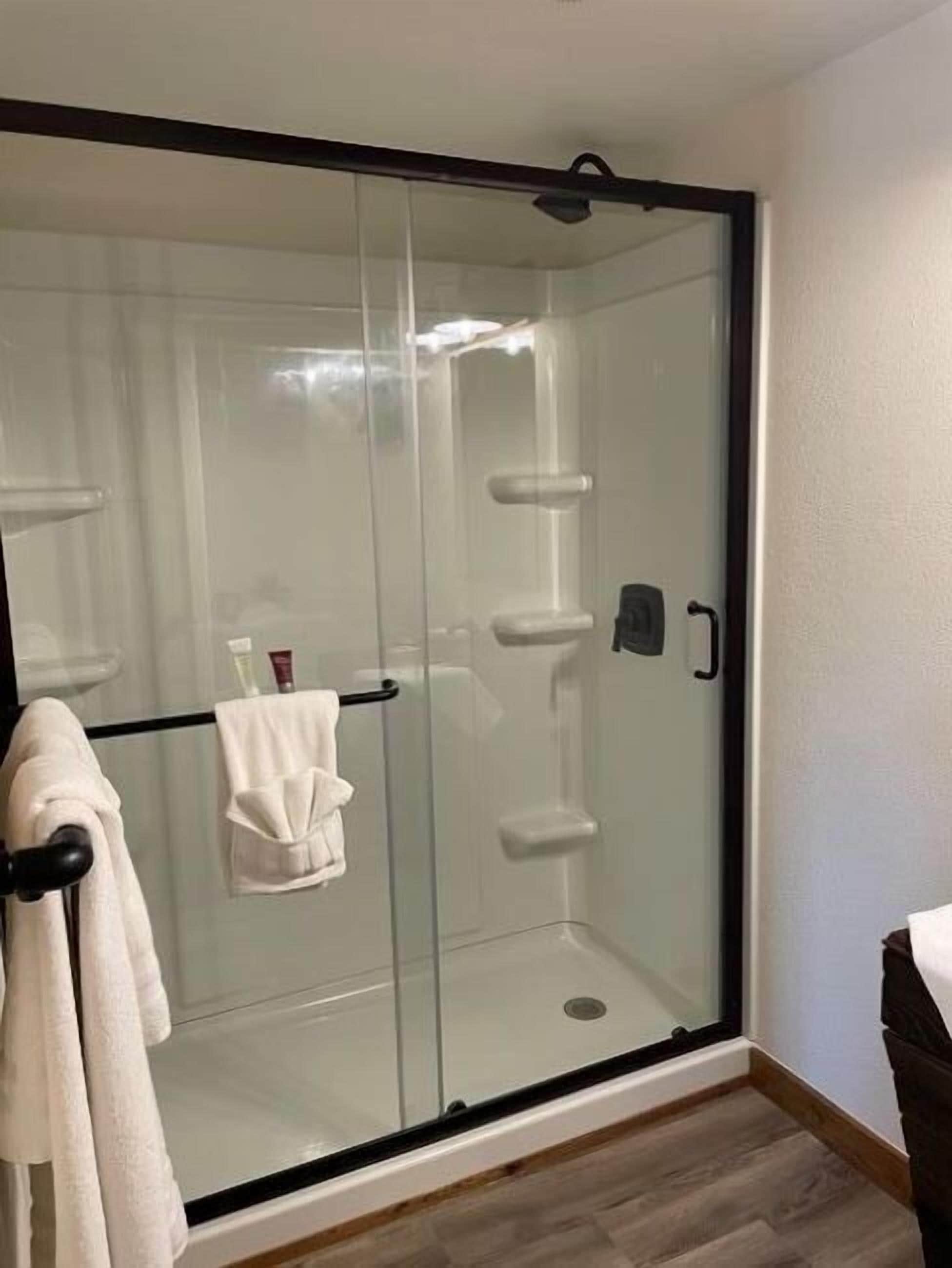 Shower, towels, soap, shampoo