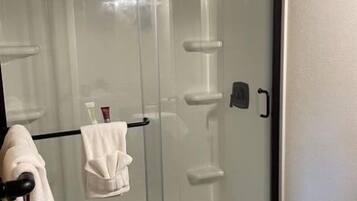 Shower, towels, soap, shampoo