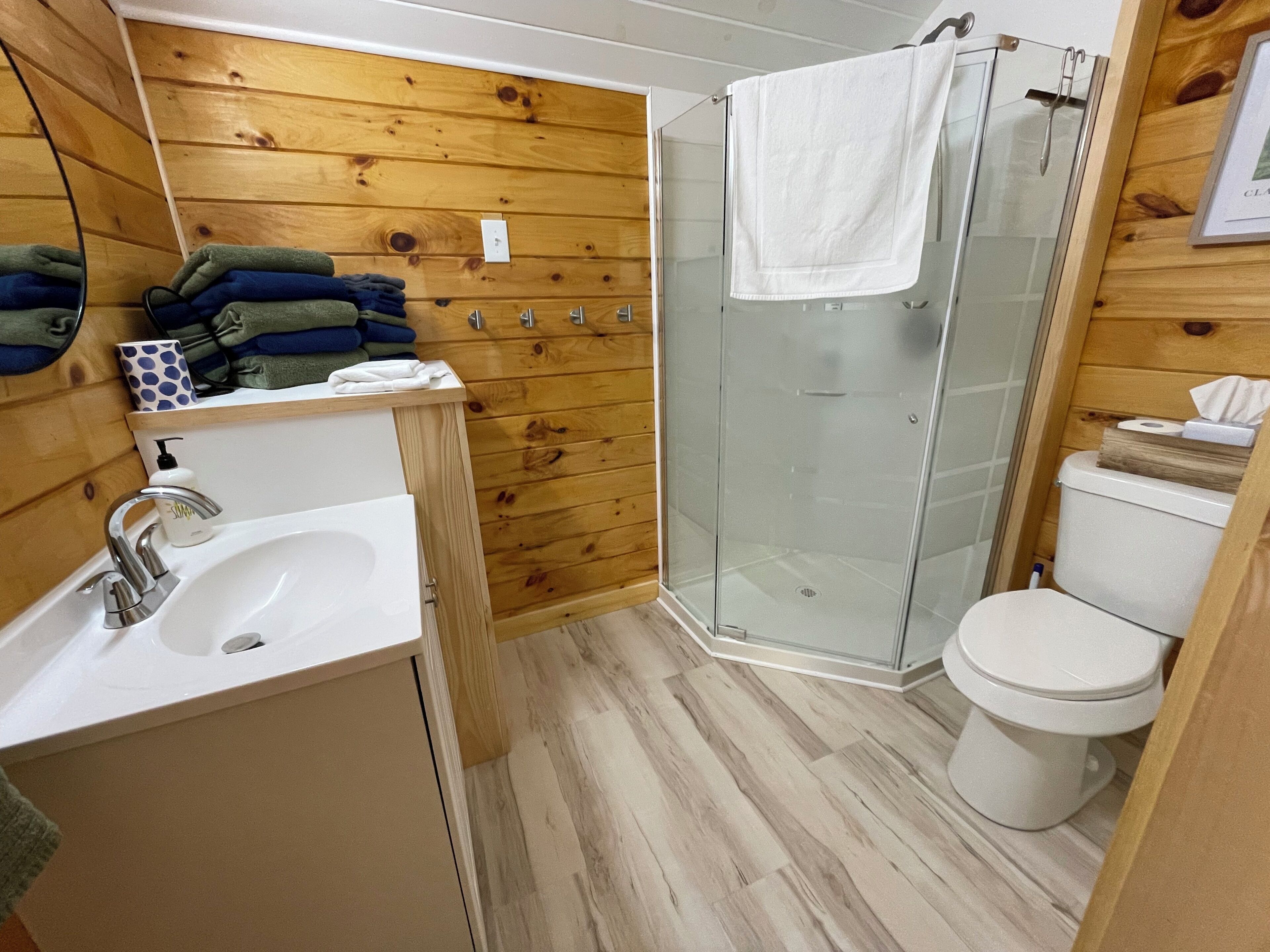 A wooden-paneled bathroom with a glass shower enclosure, a white sink, and a toilet.