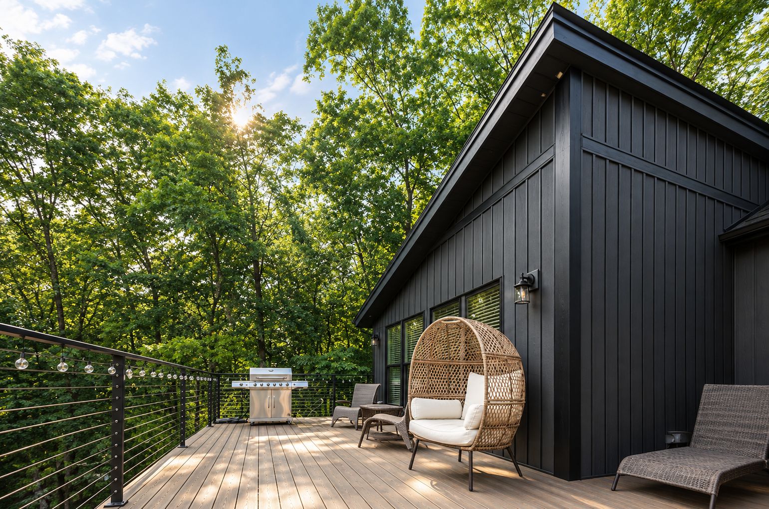 A deck with a grill, wicker chairs, and a dark building with vertical siding.