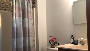 Ein Badezimmer mit Toilette, einem Waschbecken mit Seifenspender, einer Seifenschale aus Glas und einer topfpflanzlichen Bepflanzung mit Blüten.