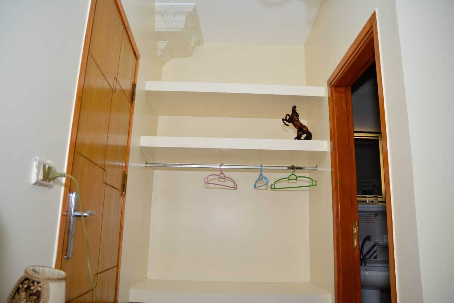 Une salle de bain avec une douche, un porte-serviettes avec trois serviettes, une petite statue sur l’étagère et une porte en bois.